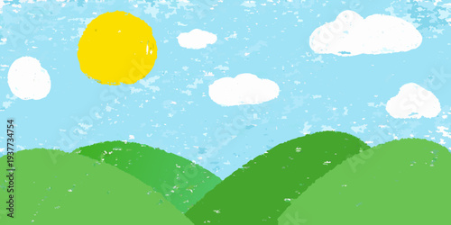 A simple colorful illustration of a sunny day with hills and clouds