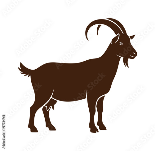 brown goat standing on white background with curved horns and beard
