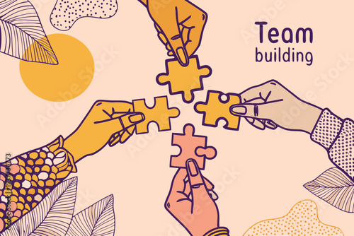 Hands connecting puzzle pieces with text team building alongside