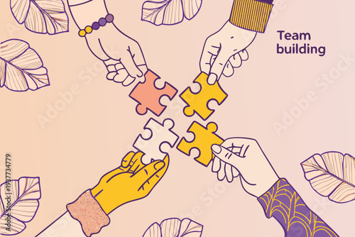 Hands connecting puzzle pieces symbolizing teamwork and collaboration concepts