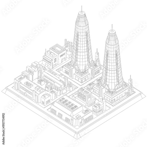 Isometric wireframe drawing of a futuristic city with two prominent towers.
