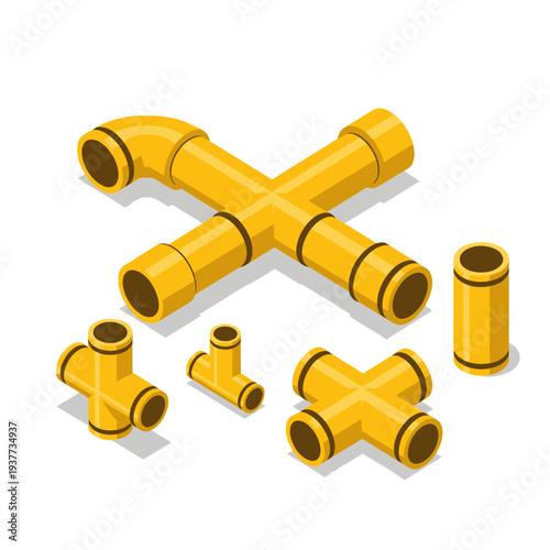 Isometric Yellow PVC Pipe Fittings and Connectors for Plumbing System.