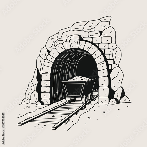 Mine entrance with cart full of ore on tracks.