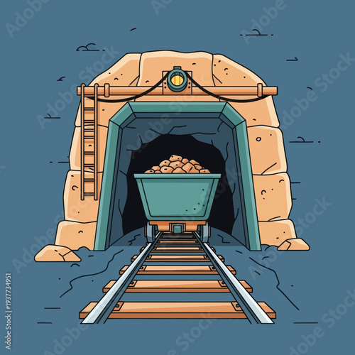 Mine entrance with a loaded cart on tracks.