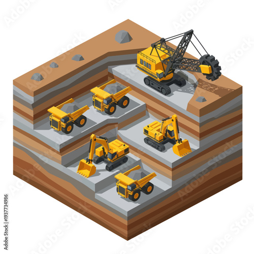 Mining industry heavy machinery excavating minerals from layered earth cross-section isometric view.