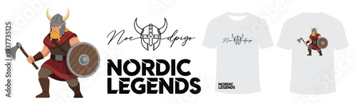 Viking warrior with axe and shield, Nordic Legends graphic for t-shirt, historical and strong