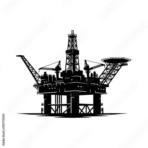 Offshore Oil Rig Silhouette Extracting Petroleum from Ocean Floor.