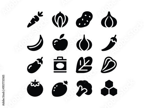Collection of minimalist black silhouettes depicting various fruits and vegetables