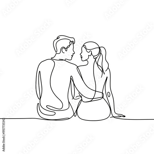 A couple sitting together in a romantic continuous line illustration