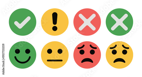 Check mark and cross mark with exclamation point and emoji. status feedback icons in circles