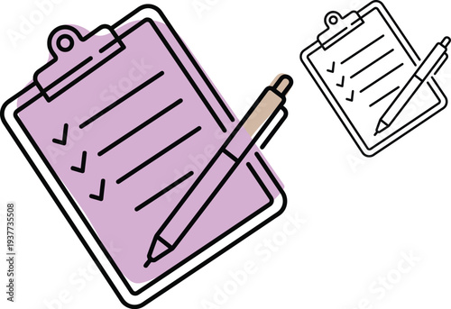 Clipboard checklist icon with pen for productivity task management and business survey results in minimalist line art style