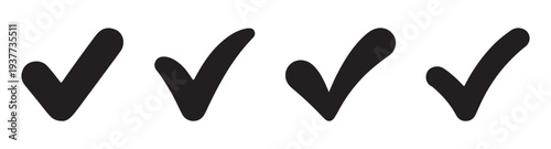 Set of hand drawn check marks in black and white on white background, representing approval and selection
