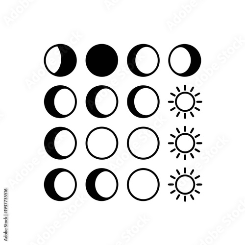 Moon phase vector icons set with sun symbols in black and white