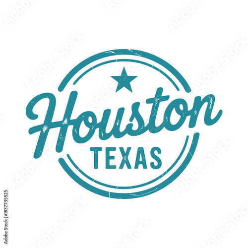 A vintage style teal stamp featuring the city name houston texas