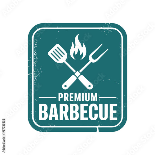 A teal and white emblem displaying crossed grilling utensils and the word barbecue