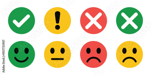 Set of colorful check mark exclamation point cross icons and variety of face expressions for user feedback