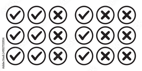 Grid of hand drawn black and white check mark and cross symbols inside circles for voting or list checking