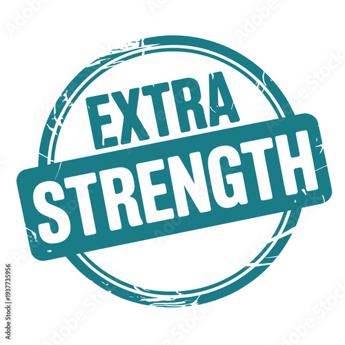 A teal stamp declares extra strength with a distressed circular border