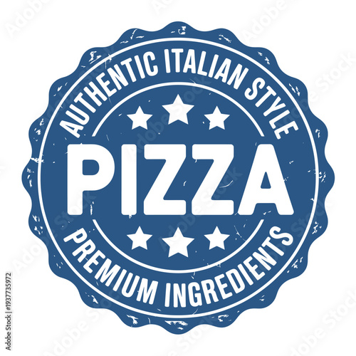 A circular badge proclaiming authentic italian style pizza with premium ingredients