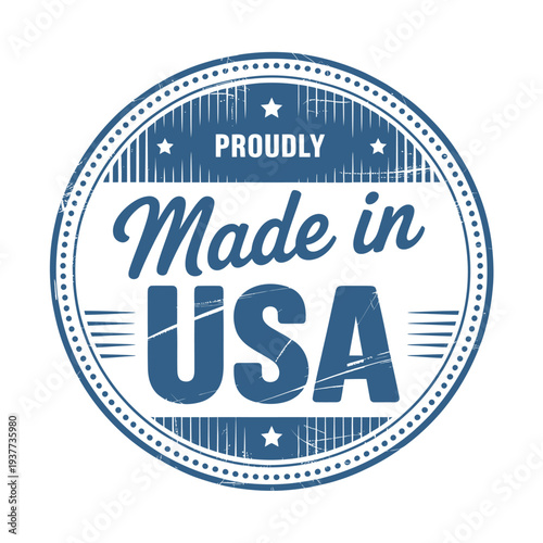 A circular blue and white Proudly Made in USA badge with stars