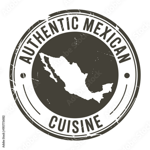A distressed stamp graphic featuring the shape of mexico and text