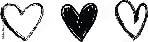 Hand drawn heart icon set with rough charcoal texture for romantic wedding invitations social media posts and love concepts.