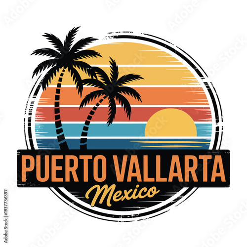 Vintage style graphic featuring palm trees and a sunset over puerto vallarta mexico