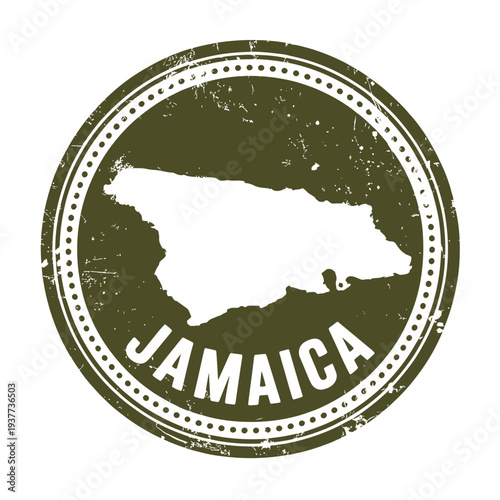A distressed circular stamp depicting the island nation of Jamaica with its name