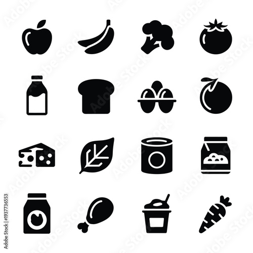 Black silhouette icons depicting various food items and nutritional sources