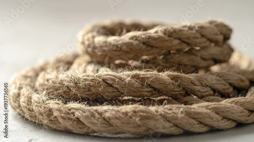 Textured natural fiber rope coiled neatly on a light surface