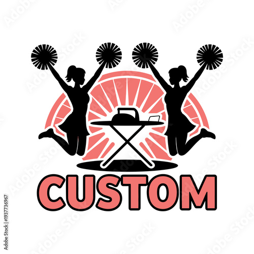 A custom illustration of cheerleaders with a grill and sunset background