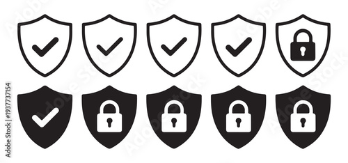 Security shield icons with checkmarks and locked padlock symbols set on white background vector