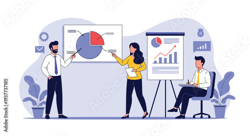 Business team conducting a professional presentation with pie charts and line graphs in a modern office environment.