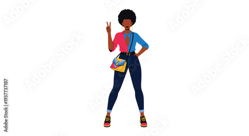 Stylish black woman with an afro hairstyle wearing a two tone shirt and jeans making a peace sign gesture.