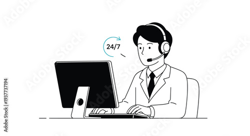 Line drawing of a customer support representative wearing a headset working at a computer with a 24/7 service icon.