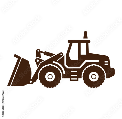 Brown silhouette of a front loader tractor with bucket isolated on white background