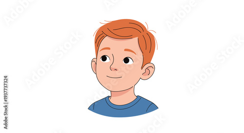 Portrait of a young boy with red hair and kind smiling eyes looking sideways in a clean cartoon illustration style.