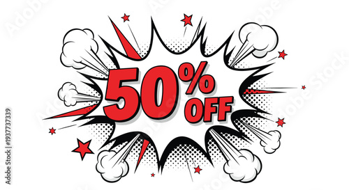 Explosive comic book style sale promotion featuring fifty percent off text with smoke clouds stars and halftone dots.