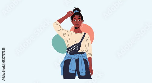 Stylish young black woman posing with hand on head wearing trendy clothes and fanny pack on artistic background.