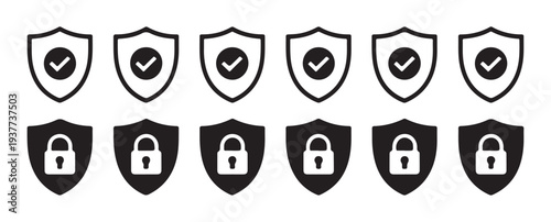 Shield icons with checkmarks and locked padlocks in black and white on white background vector