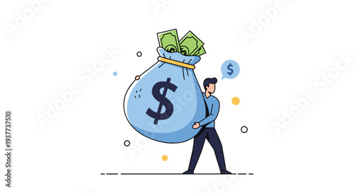 Successful businessman carrying a giant blue bag full of money with dollar bills in a clean flat illustration.