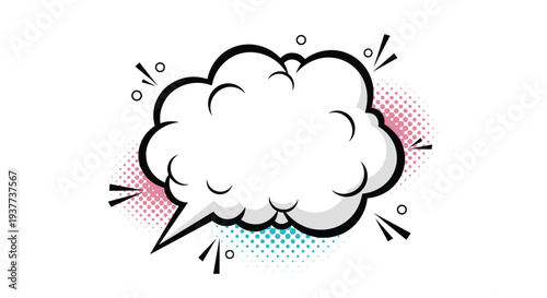 Blank comic speech bubble with halftone dots and action lines designed in a retro pop art style on white background.