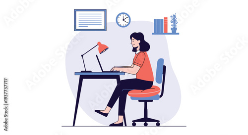 Young woman working on a laptop at her desk with a lamp, books, and clock shown in a clean modern office setting.
