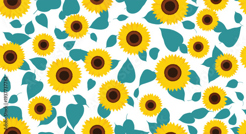 Seamless pattern of bright sunflowers and blue leaves scattered on a white background for various print projects.
