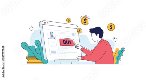 Person using a computer to make an online purchase with a large buy button and floating dollar coins in flat style.