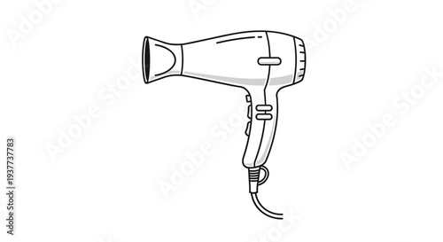 Classic handheld hair dryer shown in a clean black and white line art illustration isolated on a white background.