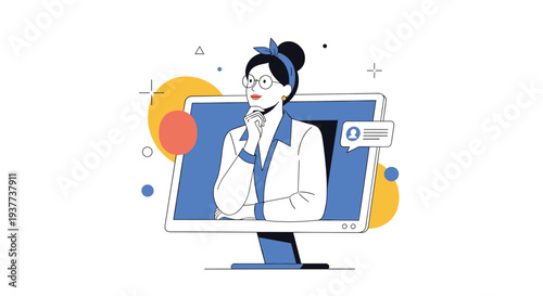 Professional woman with glasses thinking and appearing from a computer monitor screen in a modern flat illustration.