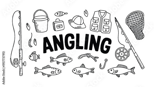 Angling fishing concept with various equipment and fish on white