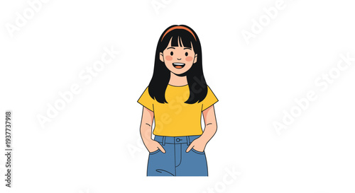 Cute young girl with long black hair wearing a yellow t-shirt and blue jeans in a simple cartoon style portrait.