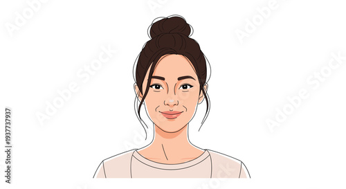 Portrait of a beautiful smiling woman with dark hair in a bun wearing a beige shirt in a cartoon illustration.